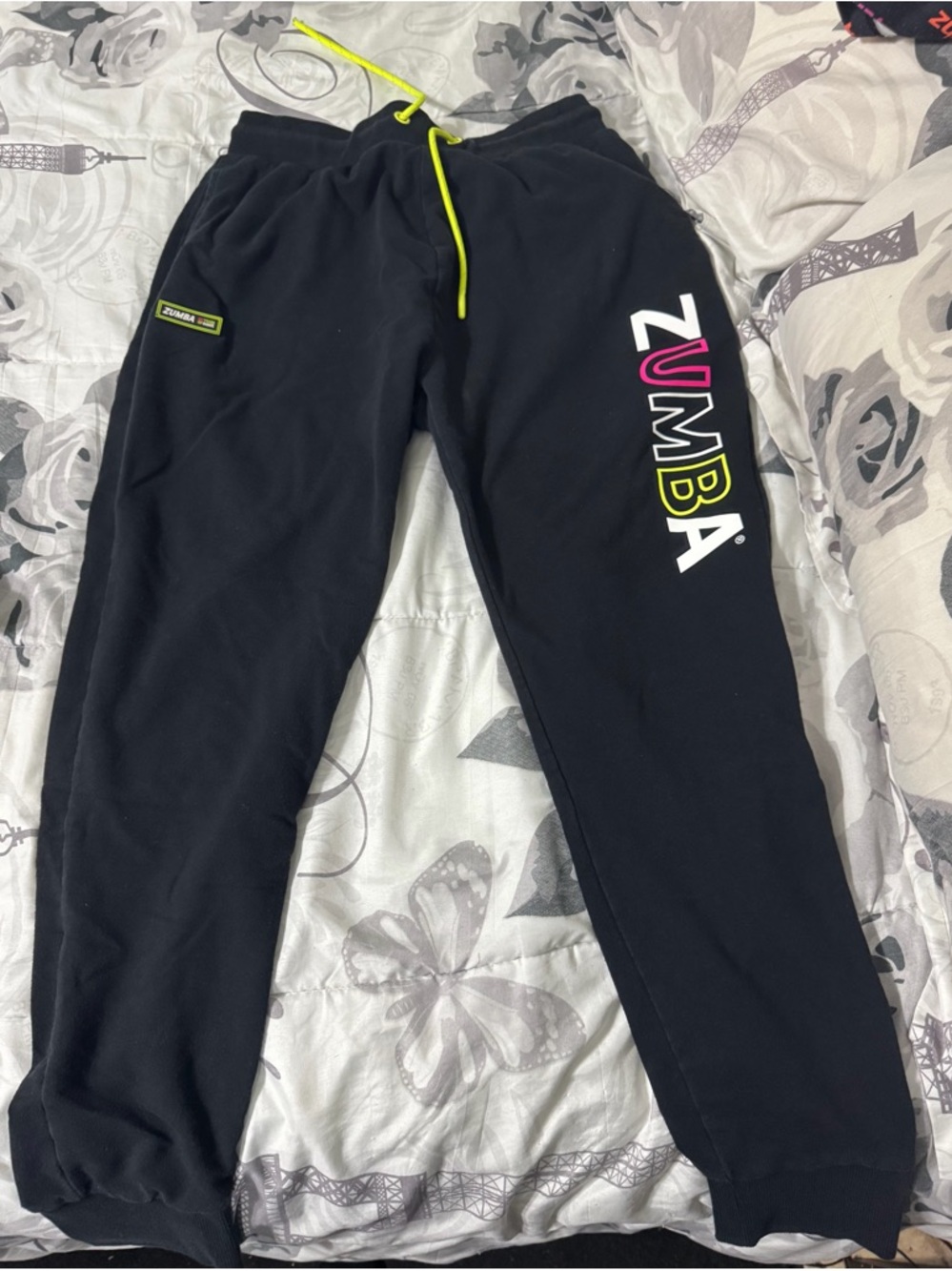 Zumba Fitness Black Sweatpants with Neon Yellow & Pink Logo